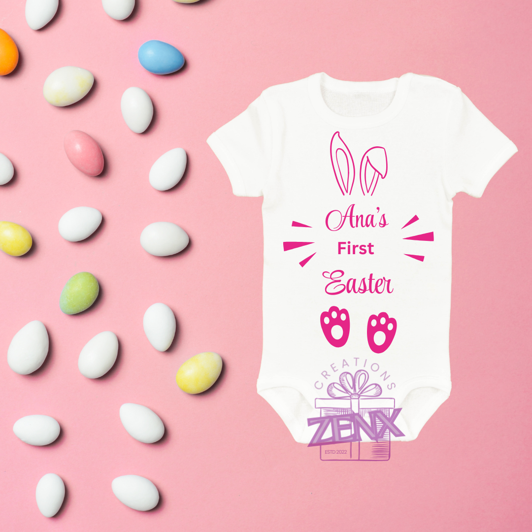 Personalised First Easter Bunny Ears & Paws Onesie – Pink | Baby Girl Easter Outfit | ZenX Creations