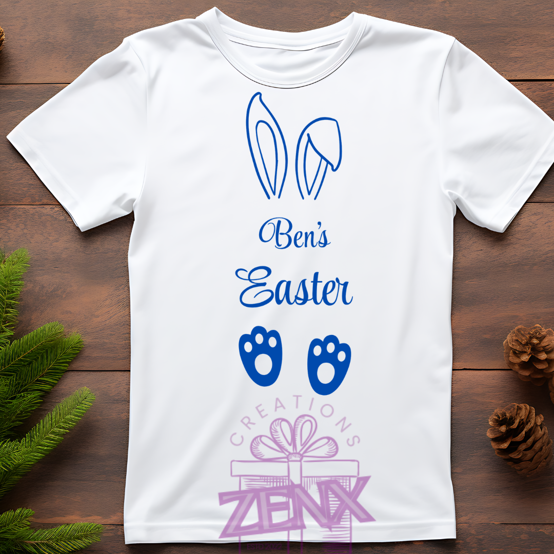 Personalised Easter Bunny Ears & Paws T-Shirt – Blue | Custom Easter Shirt | ZenX Creations
