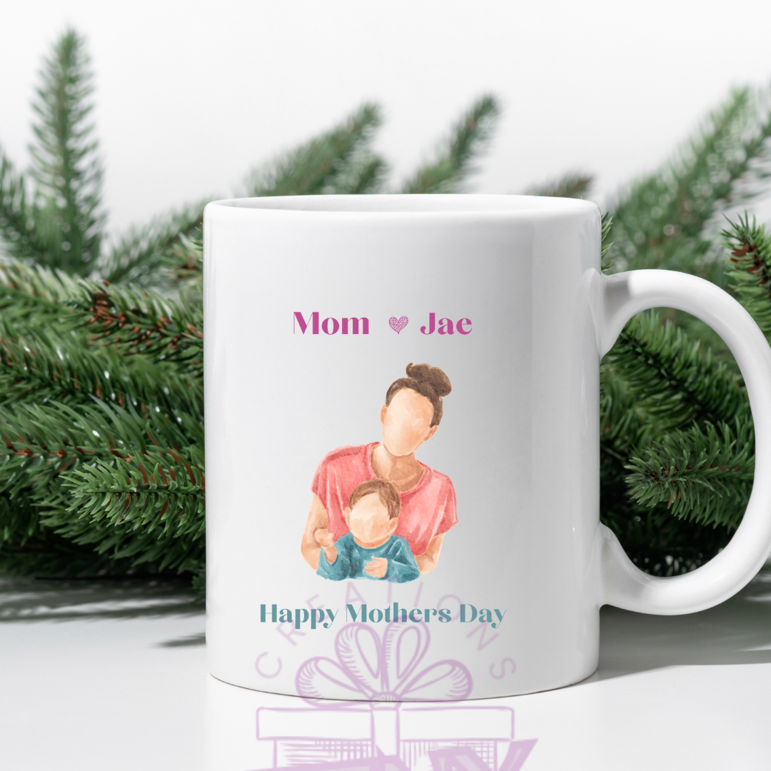 Personalized Mother’s Day Mug – Custom Faceless Sketch of Mom & Daughter/Son with Names