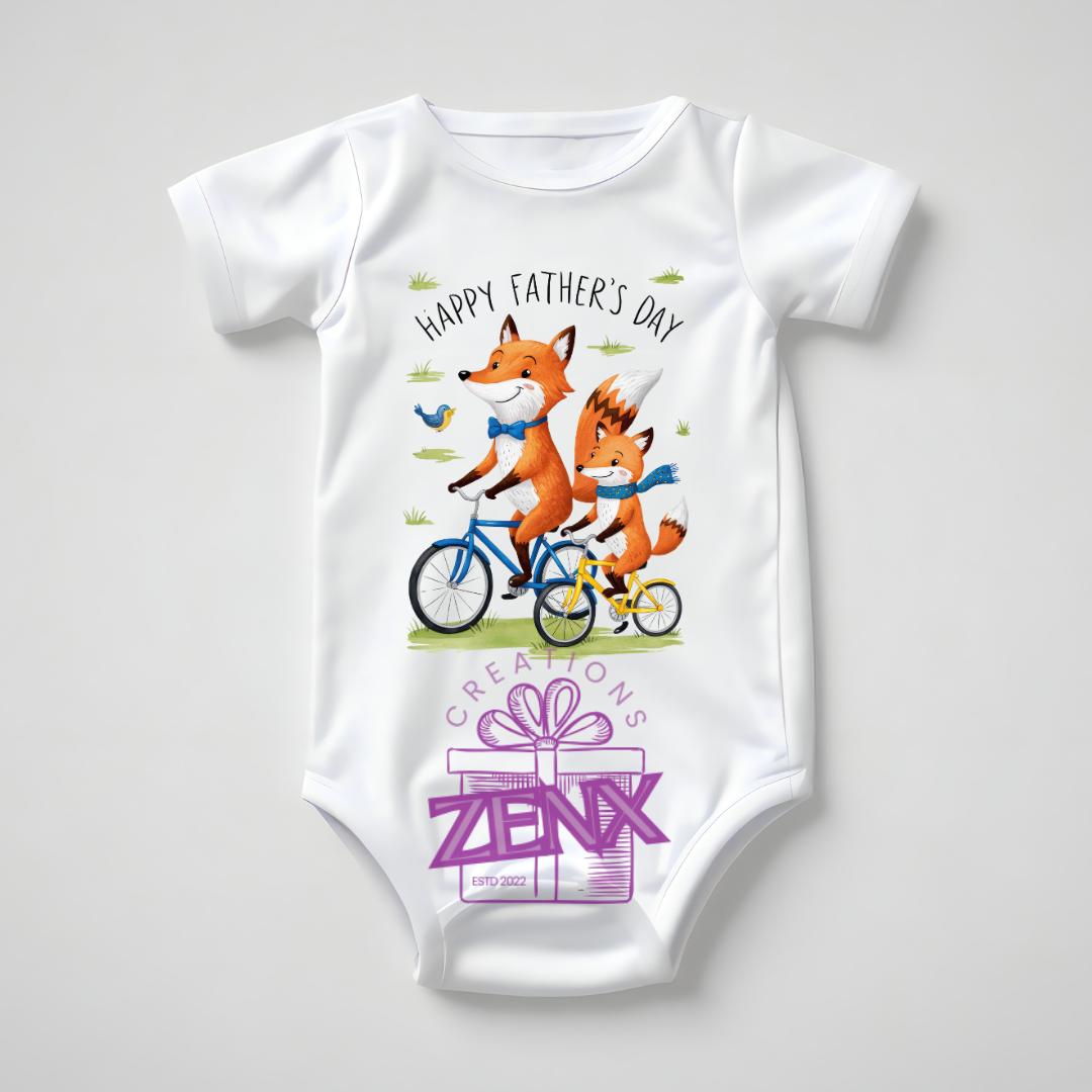 Happy Father's Day Foxes Bicycle Baby Onesie | Cute Fox Father's Day Bodysuit