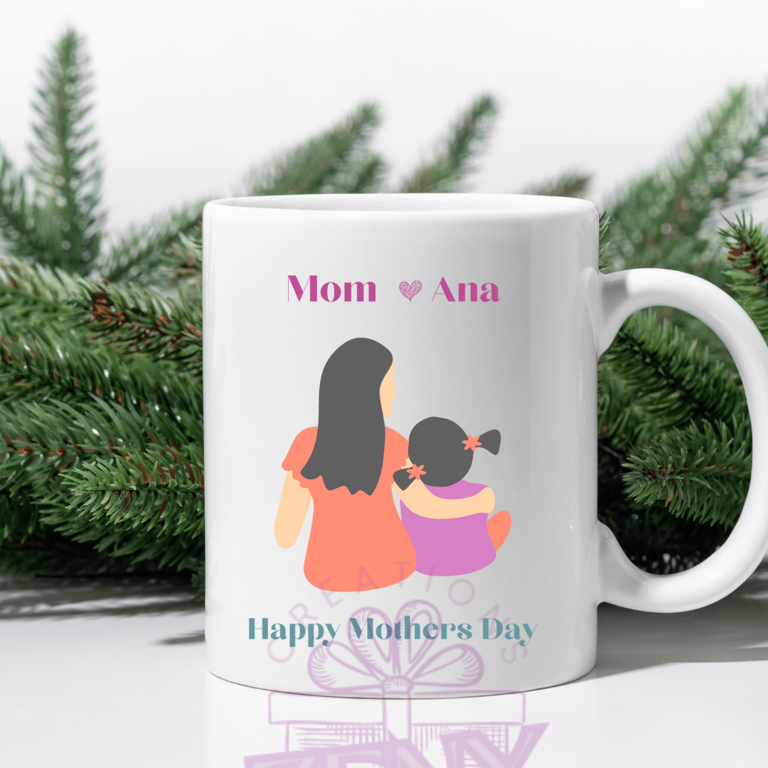 Personalized Mother’s Day Mug – Custom Faceless Sketch of Mom & Daughter/Son with Names