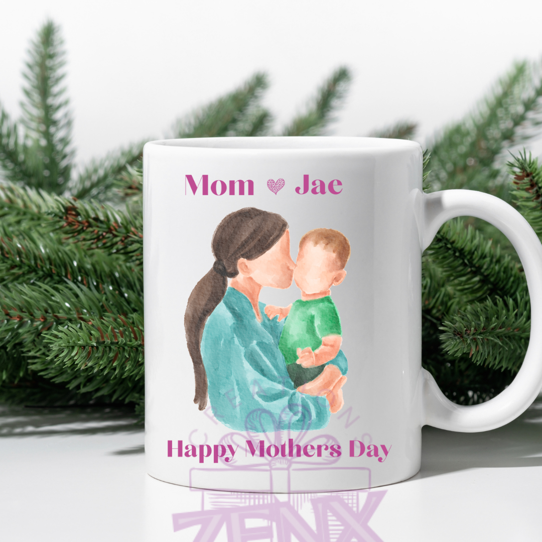 Personalized Mother’s Day Mug – Custom Faceless Sketch of Mom & Daughter/Son with Names