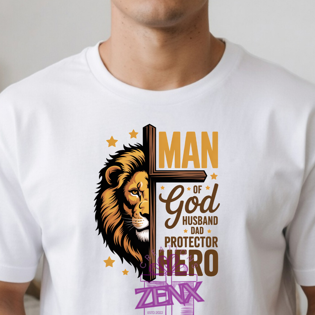 Man Of God Husband Dad Protector Hero Shirt | Christian Lion Cross Father's Day Tee