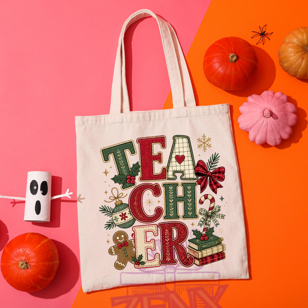 Cottage Christmas teacher tote bag with holly and plaid design
