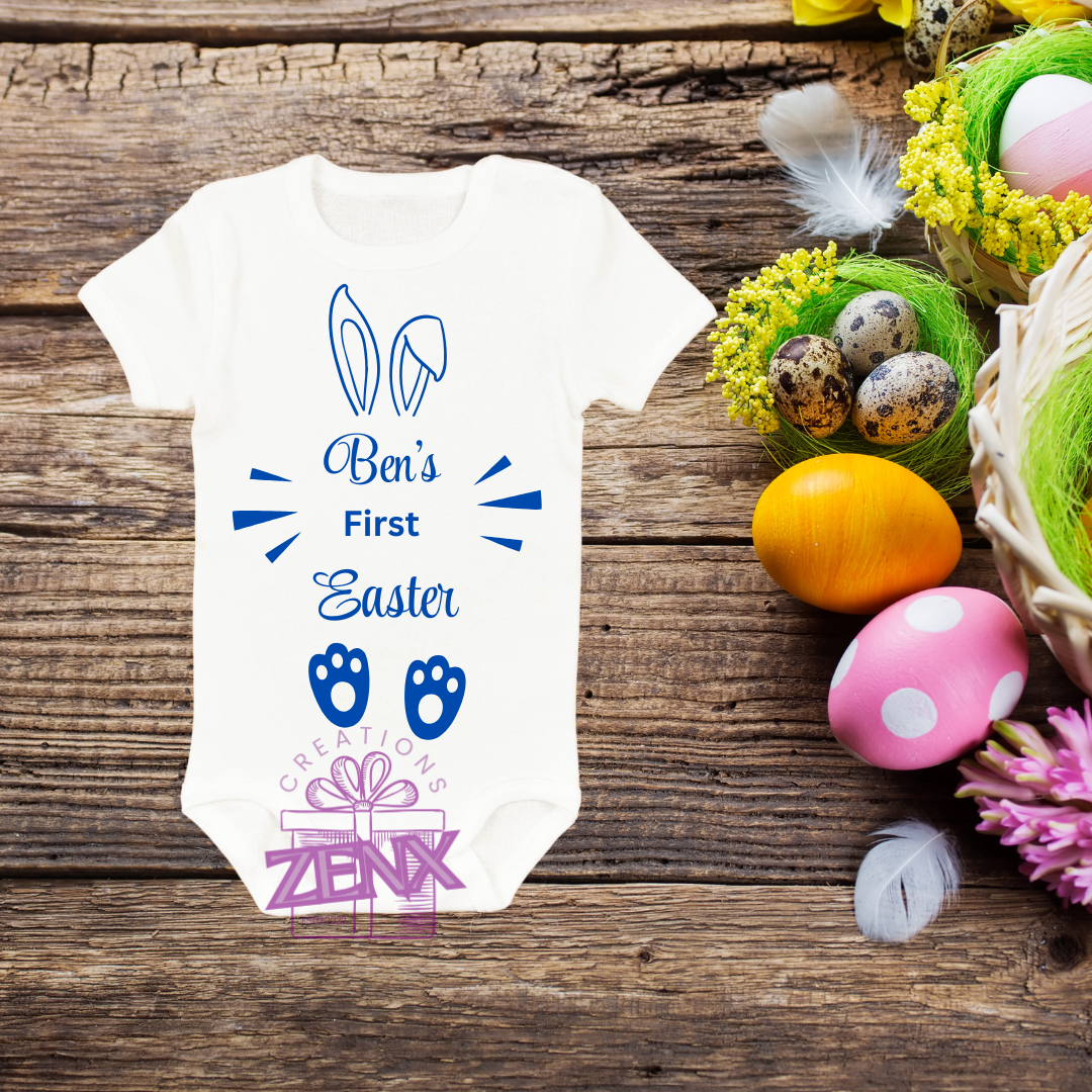 Personalised First Easter Bunny Ears & Paws Onesie – Blue | Baby Boy Easter Outfit | ZenX Creations