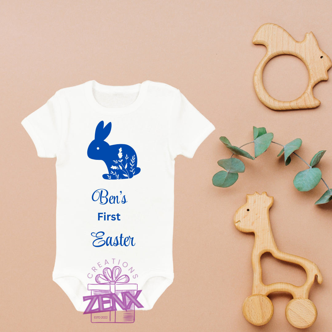 Personalised First Easter Sitting Bunny Onesie – Blue | Custom Baby Boy Easter Outfit | ZenX Creations