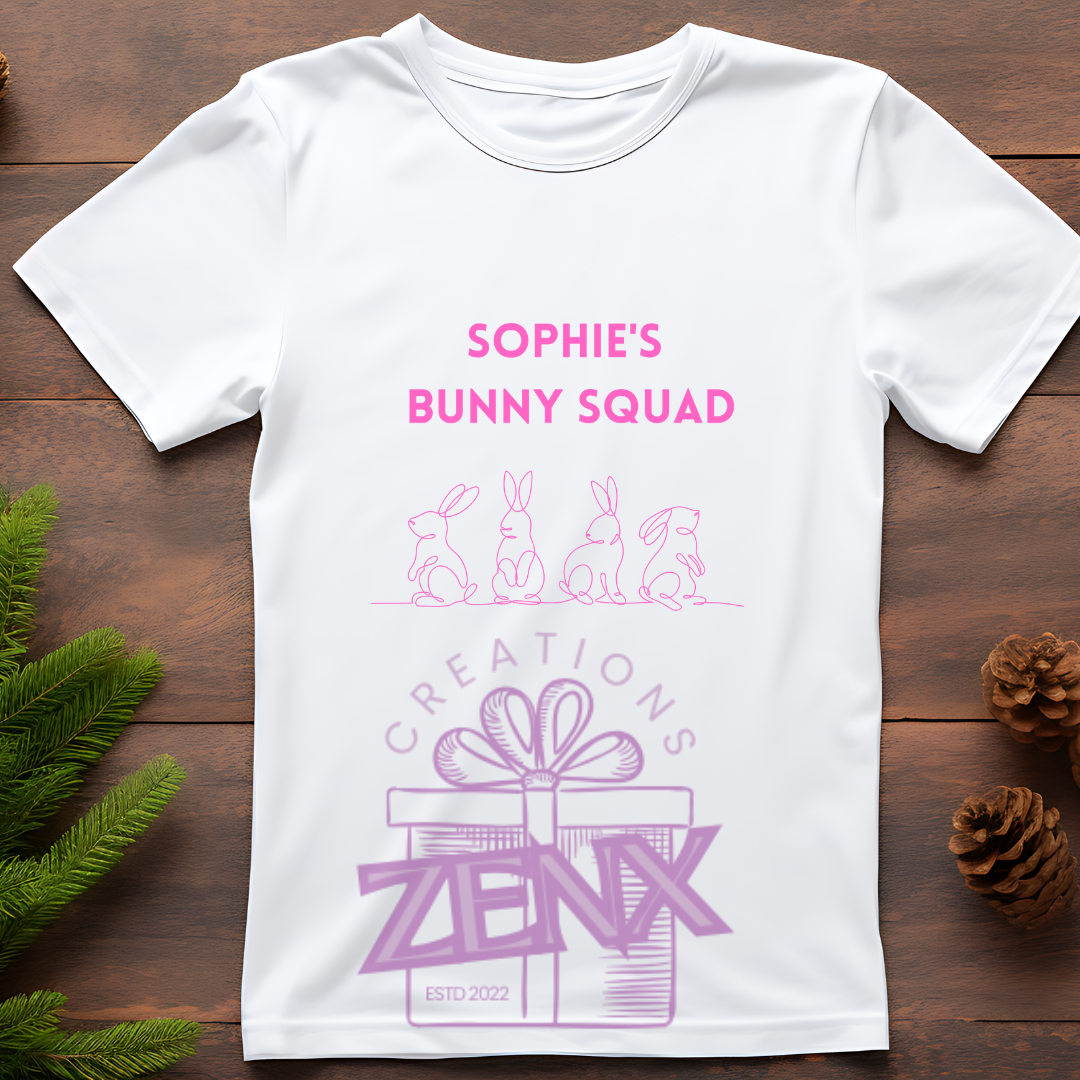 Personalised Bunny Squad T-Shirt – Pink | Custom Easter T-Shirt for Kids & Adults | ZenX Creations