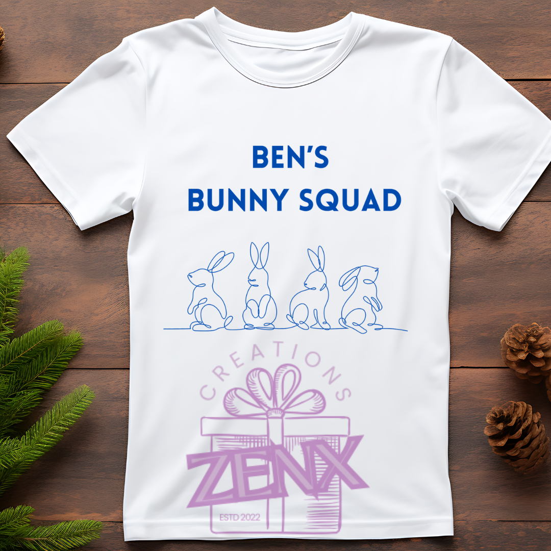 Personalised Bunny Squad T-Shirt – Blue | Custom Easter T-Shirt for Kids & Adults | ZenX Creations