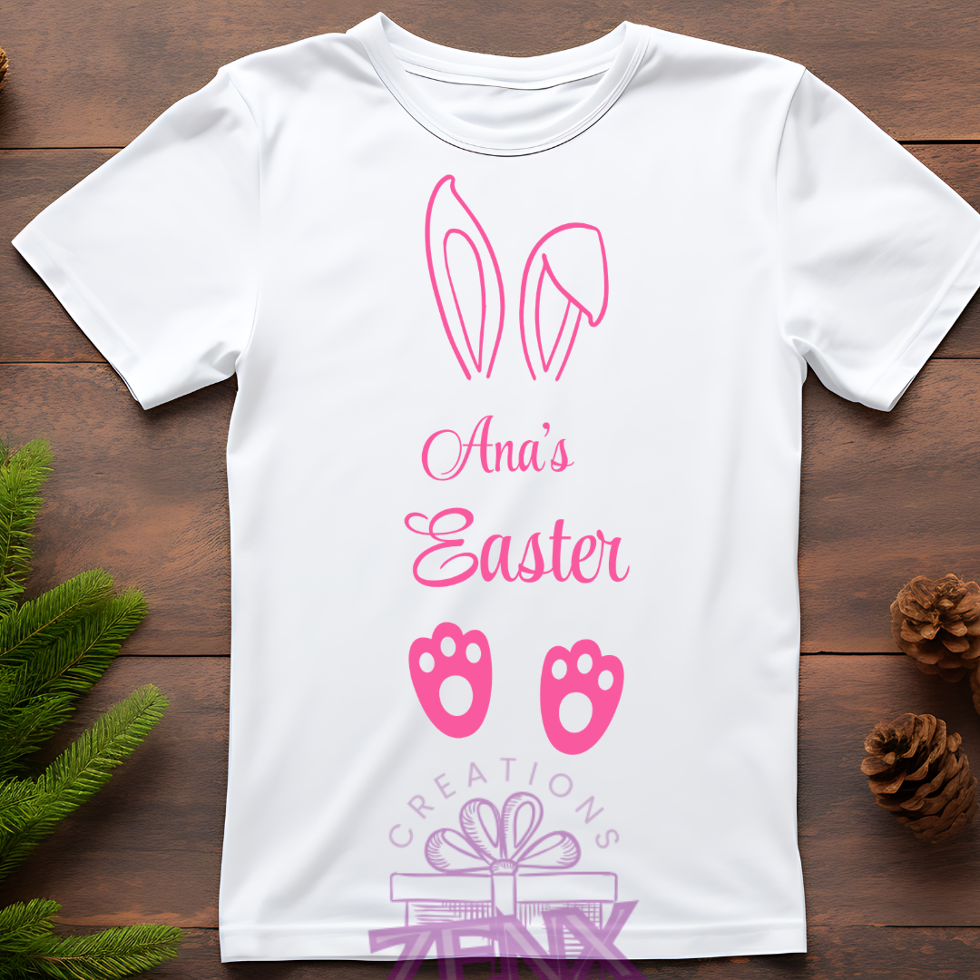 Personalised Easter Bunny Ears & Paws T-Shirt – Pink | Custom Easter Shirt | ZenX Creations