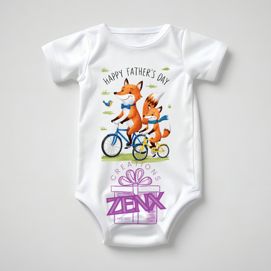 Happy Father's Day Foxes Bicycle Baby Onesie | Cute Fox Father's Day Bodysuit