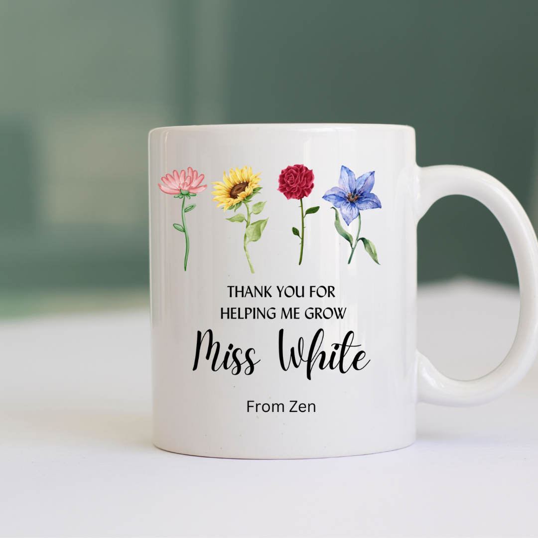 Teacher Floral Appreciation Mug – “Thank You for Helping Me Grow” Gift