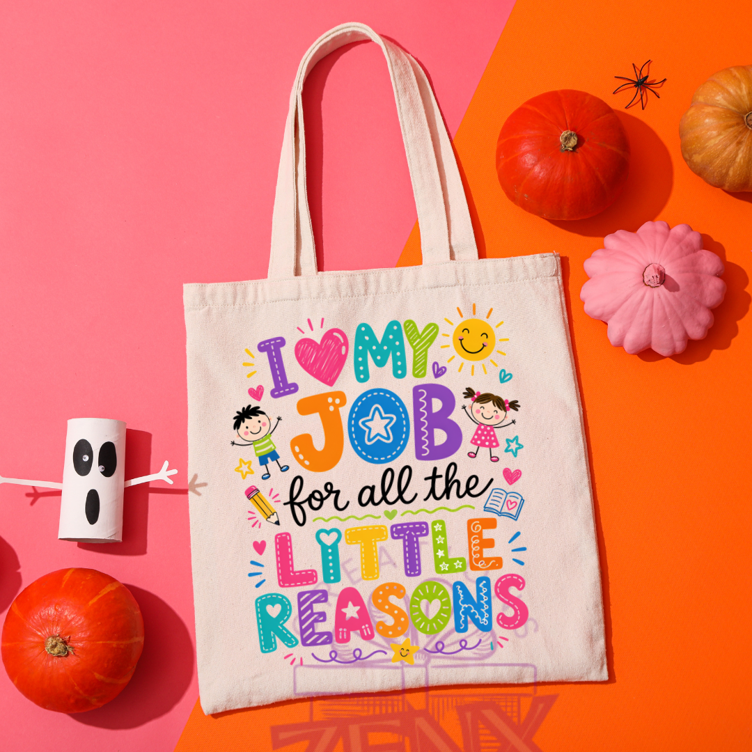 I love my job for all the little reasons teacher tote bag, pastel design