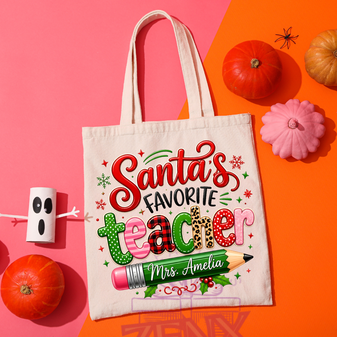 Personalised Santa's favourite teacher tote bag with custom name - Melton pickup available