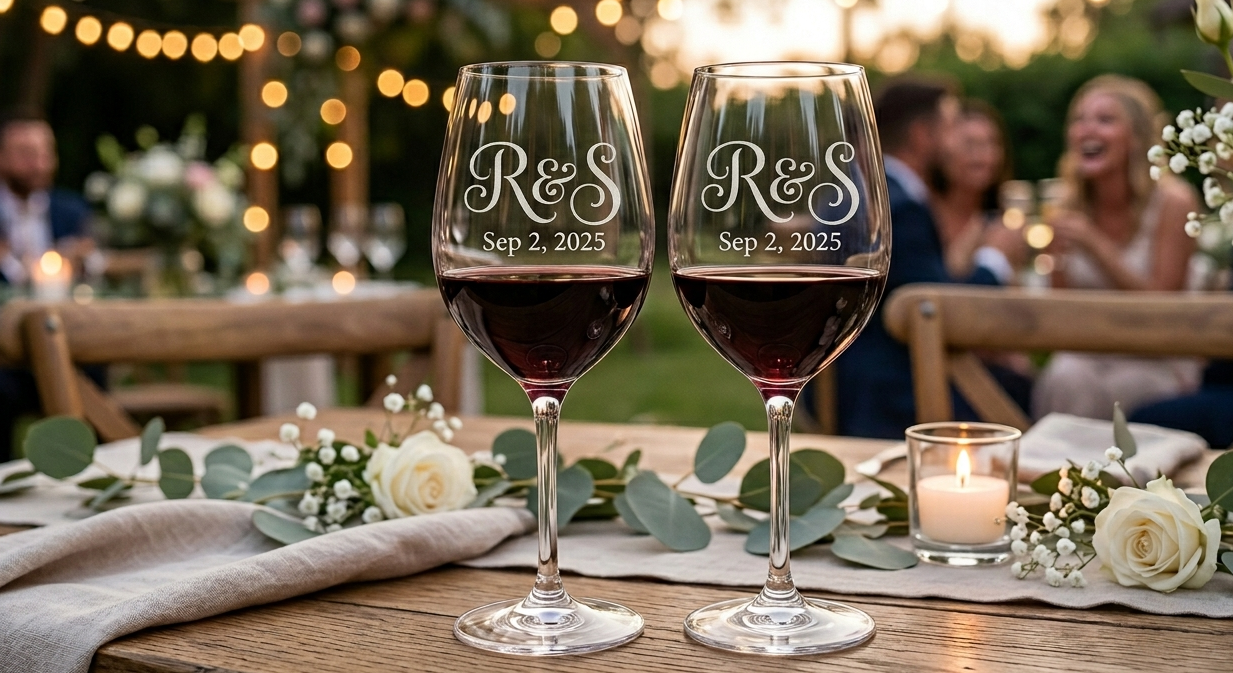 Two wine glasses with 'R&S' and 'Sep 2, 2023' on a table with a blurred outdoor wedding background.