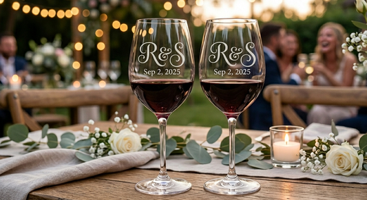 Two wine glasses with 'R&S' and 'Sep 2, 2023' on a table with a blurred outdoor wedding background.